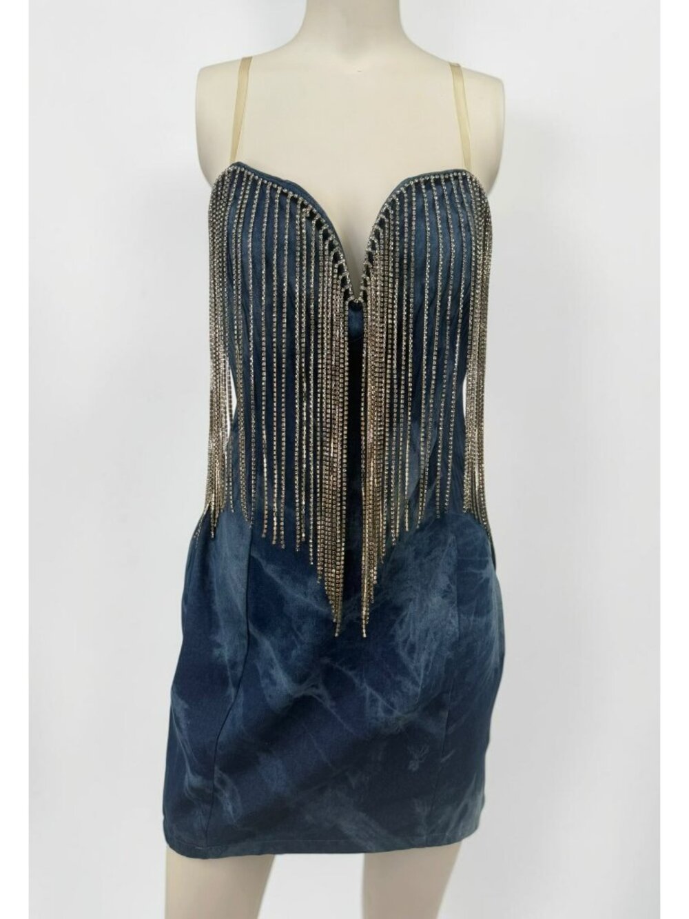Hot & Delicious Blue Tie-Dye Mini Dress Rhinestone Fringe Rodeo Festival Size M